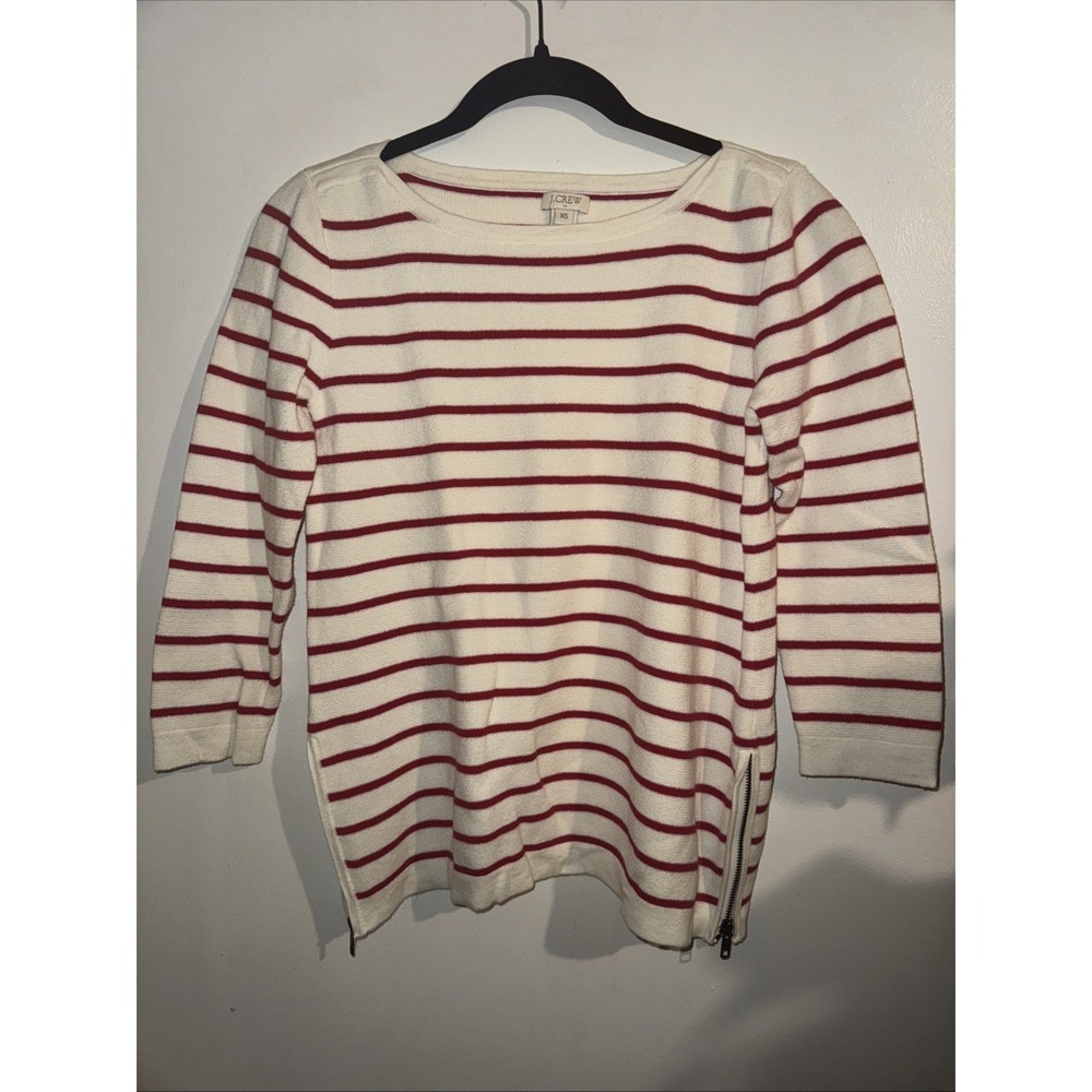 J.Crew Womens Striped Cotton Side Zip Sweater Ivory Red XS Preppy